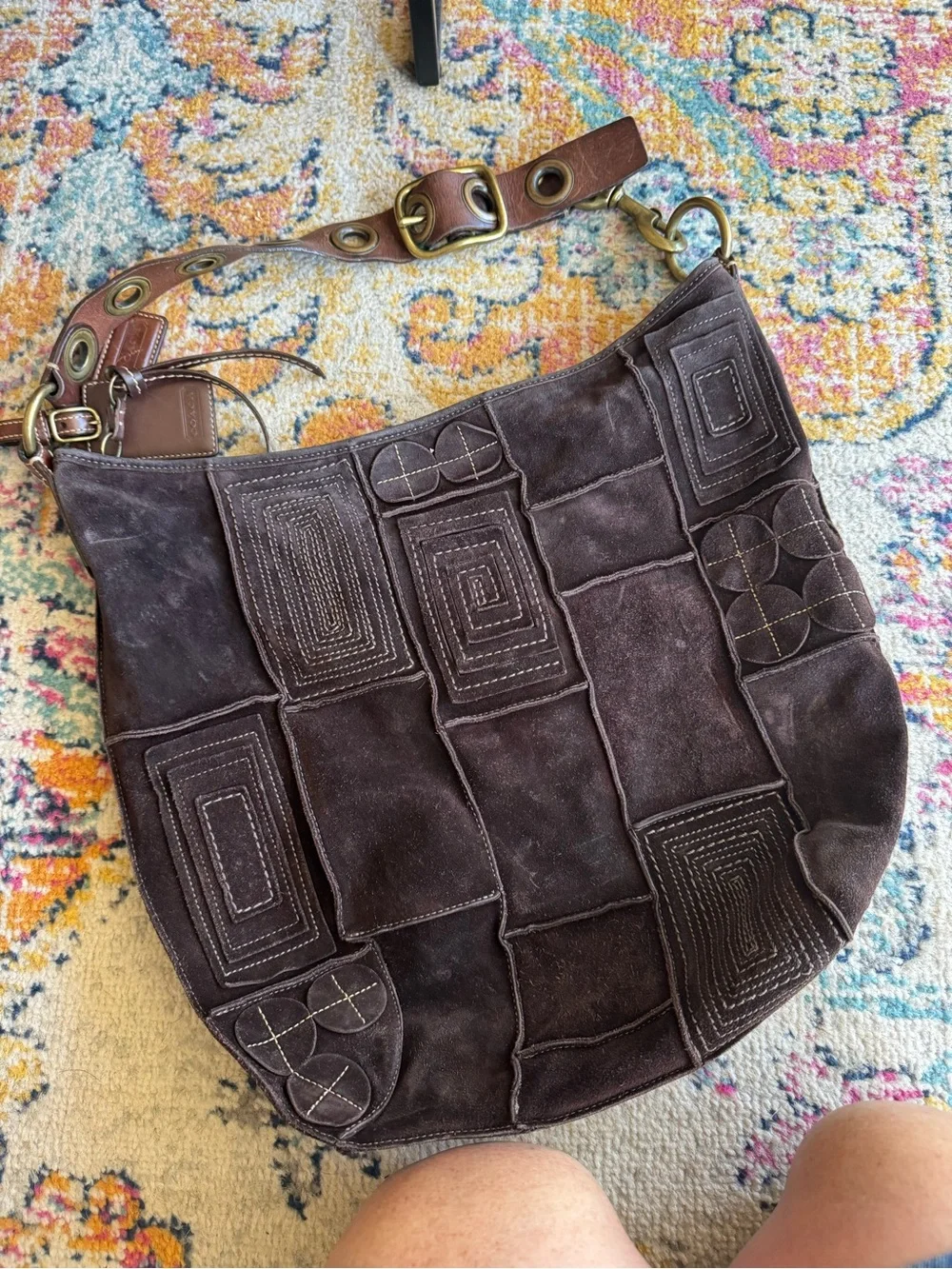 Coach Brown Suede Tote with Leather ID Tag - Picture 3 of 9